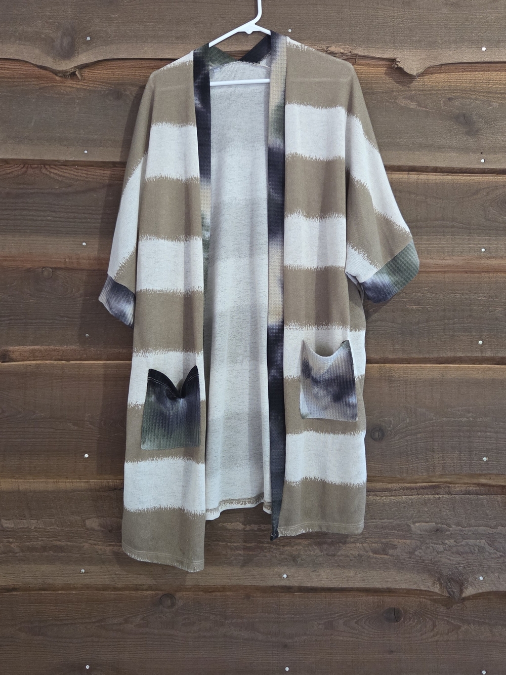 white birch Beige and White Striped Open-Front Kimono Cardigan